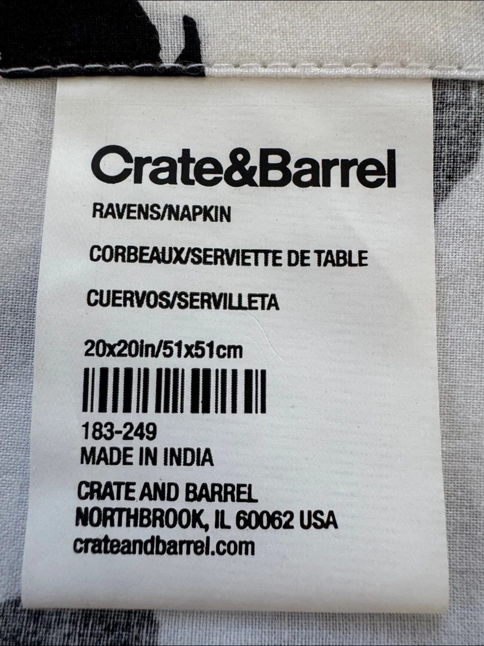 Crate & Barrel Black Raven Print Bird Napkins NWOT 🐦‍⬛ Sz: 20
